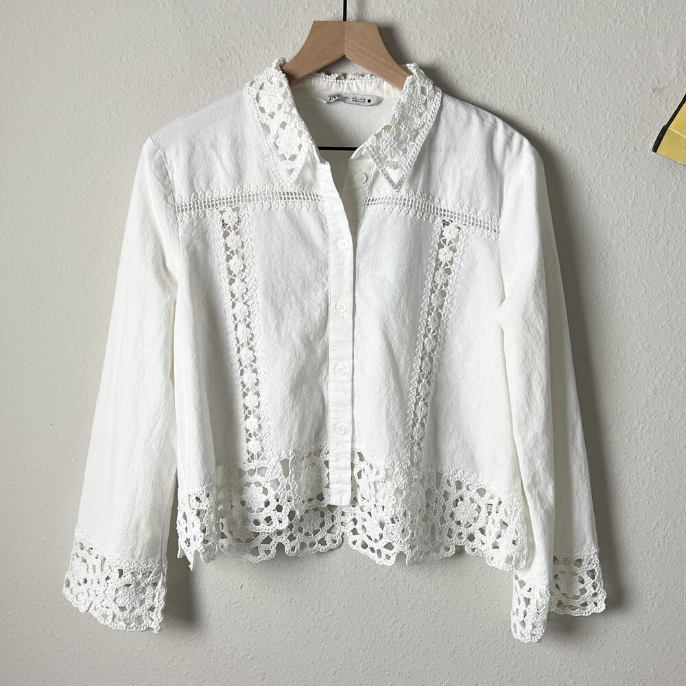 zara blogger fav white crochet boho chic collared boxy shirt top
